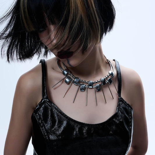 Double-strand Metallic Spike Choker Necklace