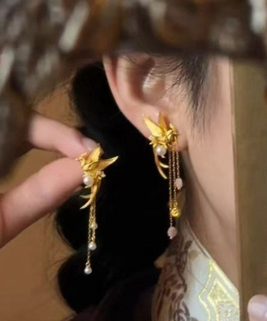 New Gold Sterling Silver Overgild Pearl Goose Tassel Drop Earrings