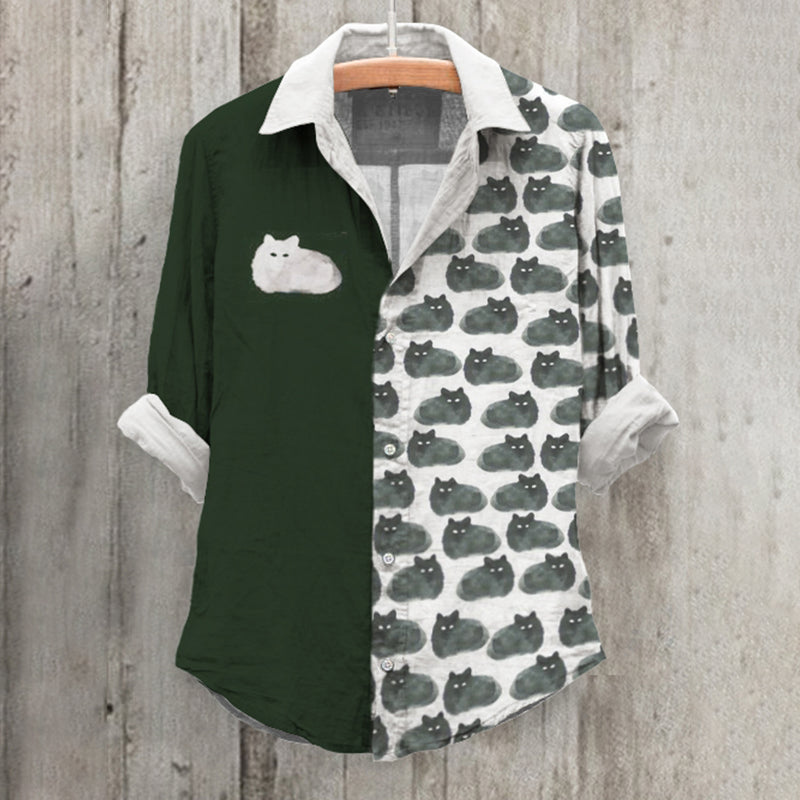 Cat Print Long Sleeve Casual Shirt elevenforest