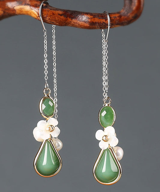 Green Sterling Silver Coloured Glaze Pearl Shell Flower Drop Earrings
