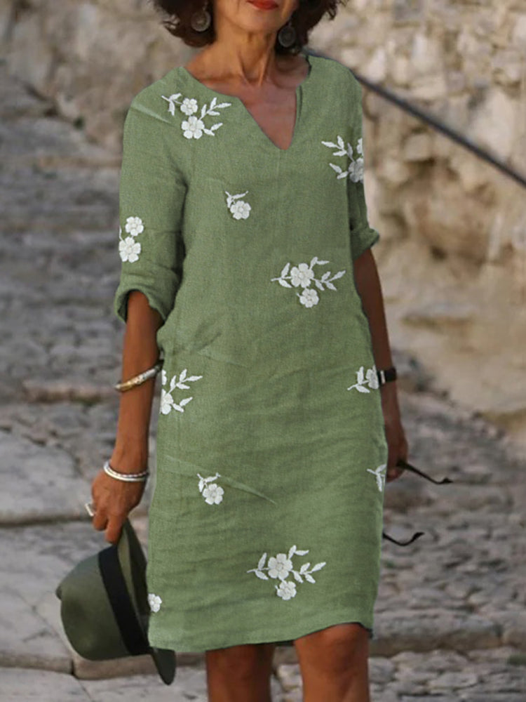 Women Vintage Floral Embroidery Art Casual V Neck Midi Dress