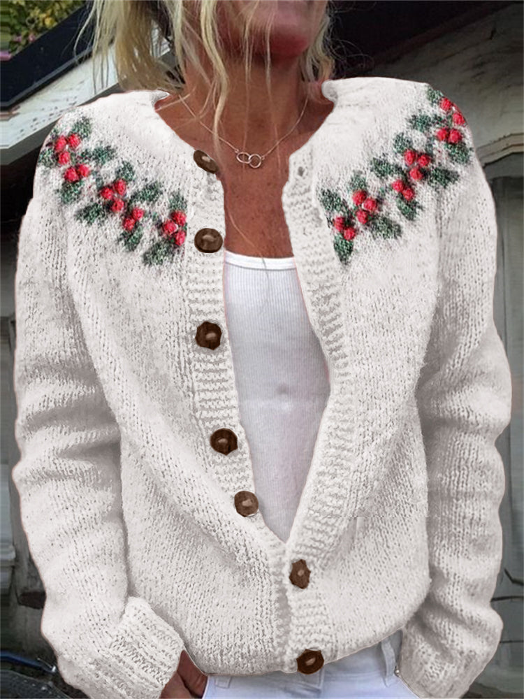 Christmas Ardisia Crenata Yoke Jacquard Cozy Knit Cardigan artswardrobe