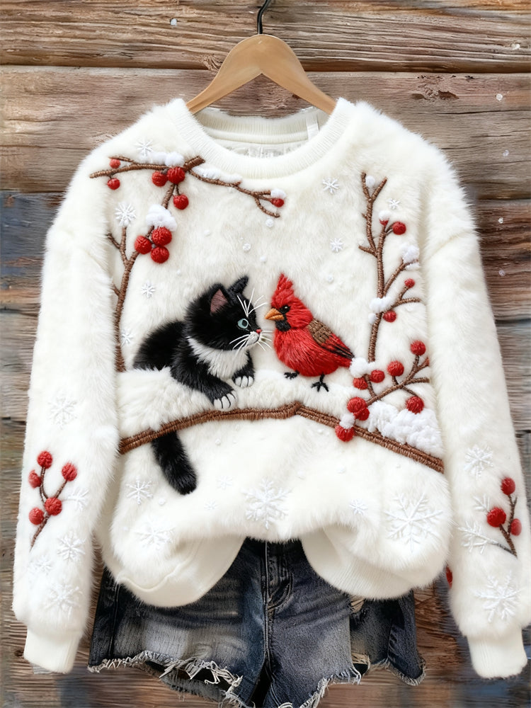 Lovely Cat & Cardinal Berry Branch Snowflakes Cozy Plush Sweatshirt elevenforest
