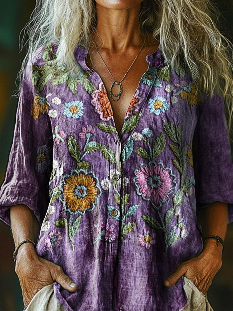 Women's Bohemian Floral Art Print Casual Cotton Linen Shirt