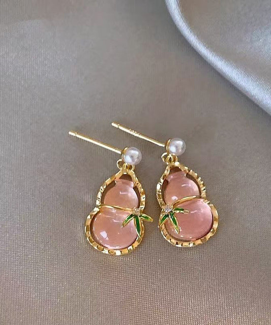 Pink Alloy Zircon Resin Hollow Out Calabash Drop Earrings