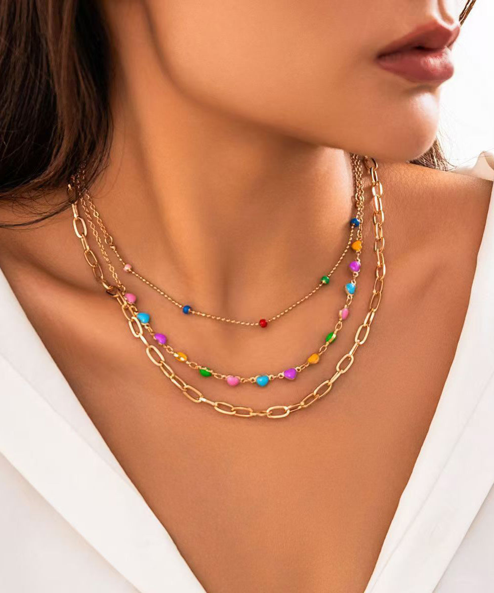 Rainbow Alloy Beading Broken Silver Love Three Piece Set Princess Necklace
