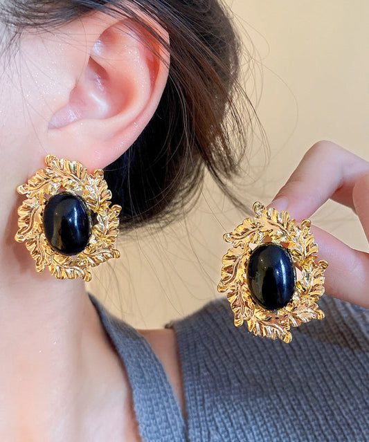 Black Copper Zircon Pearl Stud Earrings