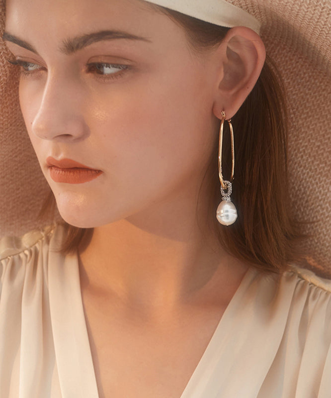 Gold Sterling Silver Alloy Zircon Pearl Hoop Earrings
