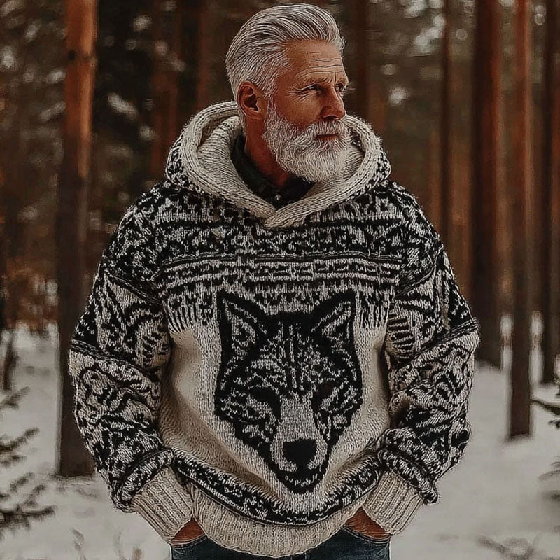Men's Retro Celtic Wolf Pattern Comfortable Knit Hoodie elevenforest