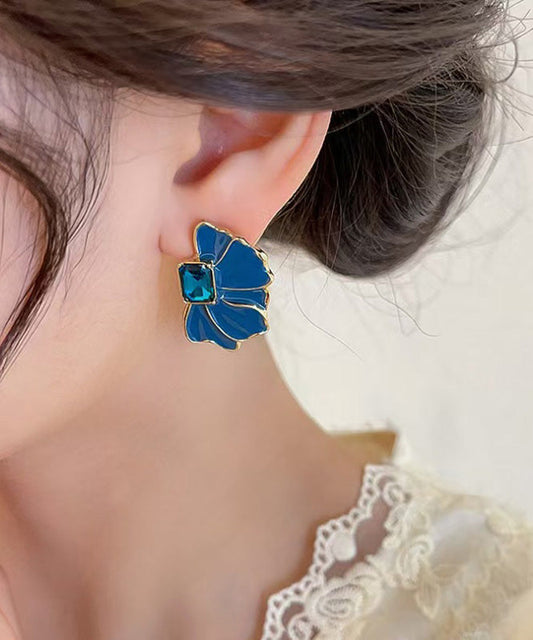 Blue Alloy Crystal Drip Glaze Petal Stud Earrings