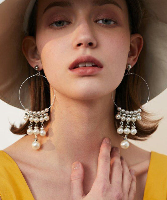 Stylish Silk Circle Pearl Tassels Silver Plated Long Drop Earrings