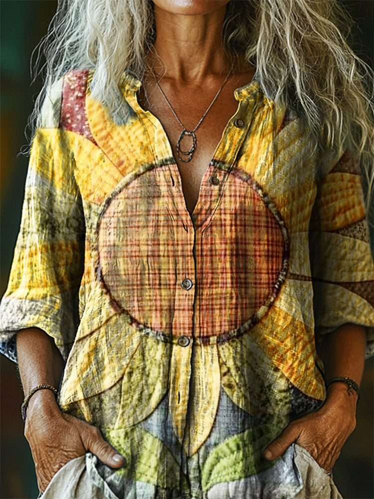 Women's Vintage Bohemian Sunfloral Patchwork Art Print Casual Cotton L