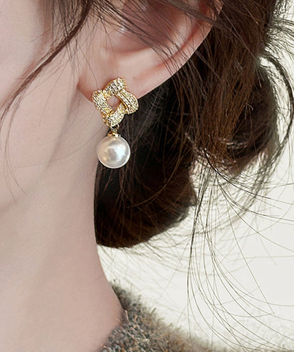 Gold Sterling Silver Alloy Zircon Pearl Square Drop Earrings
