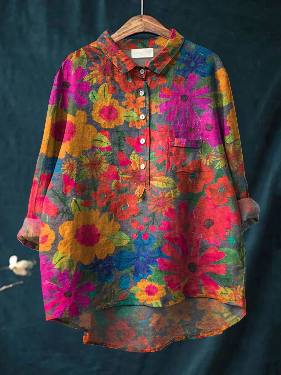 Women's Vintage Flower Art Print Casual Cotton And Linen Shirt