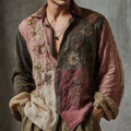 Men's Vintage Boho Floral Embroidered Colorblock Linen Shirt artswardrobe