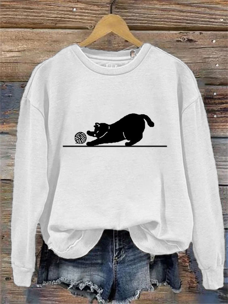 Women's Casual Funny Black Cat Print Sweatshirt elevenforest