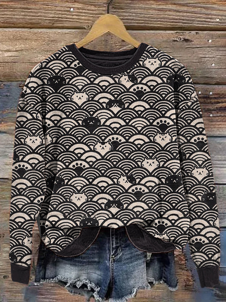 Japanese vintage Cats And Waves Pattern Cozy Sweatshirt elevenforest