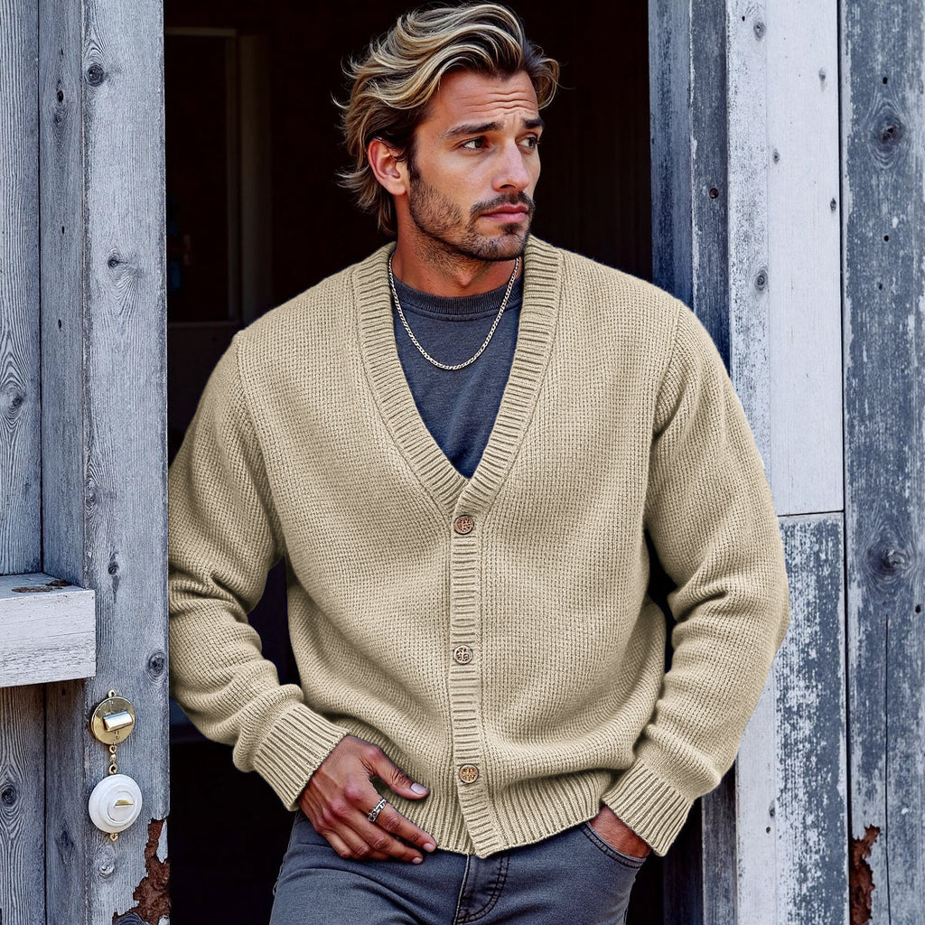 Men's Solid Color V-Neck Button Sweater Cardigan artswardrobe