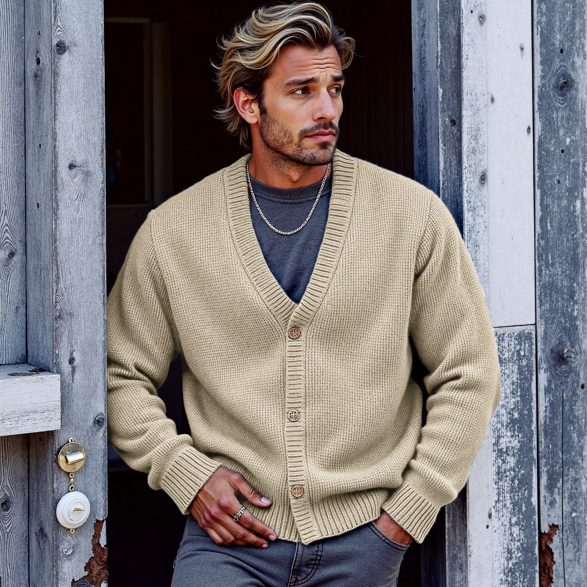 Men's Solid Color V-Neck Button Sweater Cardigan artswardrobe