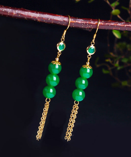 Green Sterling Silver Overgild 14k Gold Jade Tassel Drop Earrings