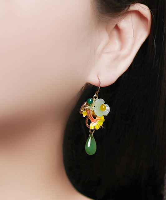 Green Coloured Glaze Chalcedony Agate Cloisonne Fish Drip Drop Earrings