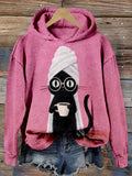 Silly Black Cat Coffe Art Vintage Cozy Hoodie elevenforest