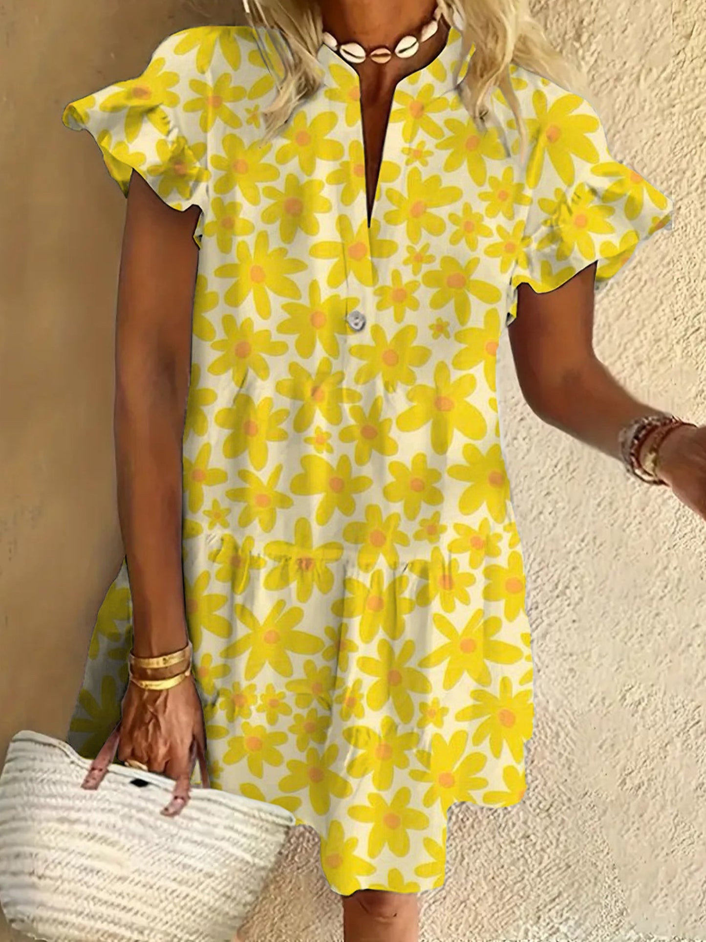 Yellow Flower Ruffled Short-sleeved V-neck Buttoned Dress Vacation Beach Dress