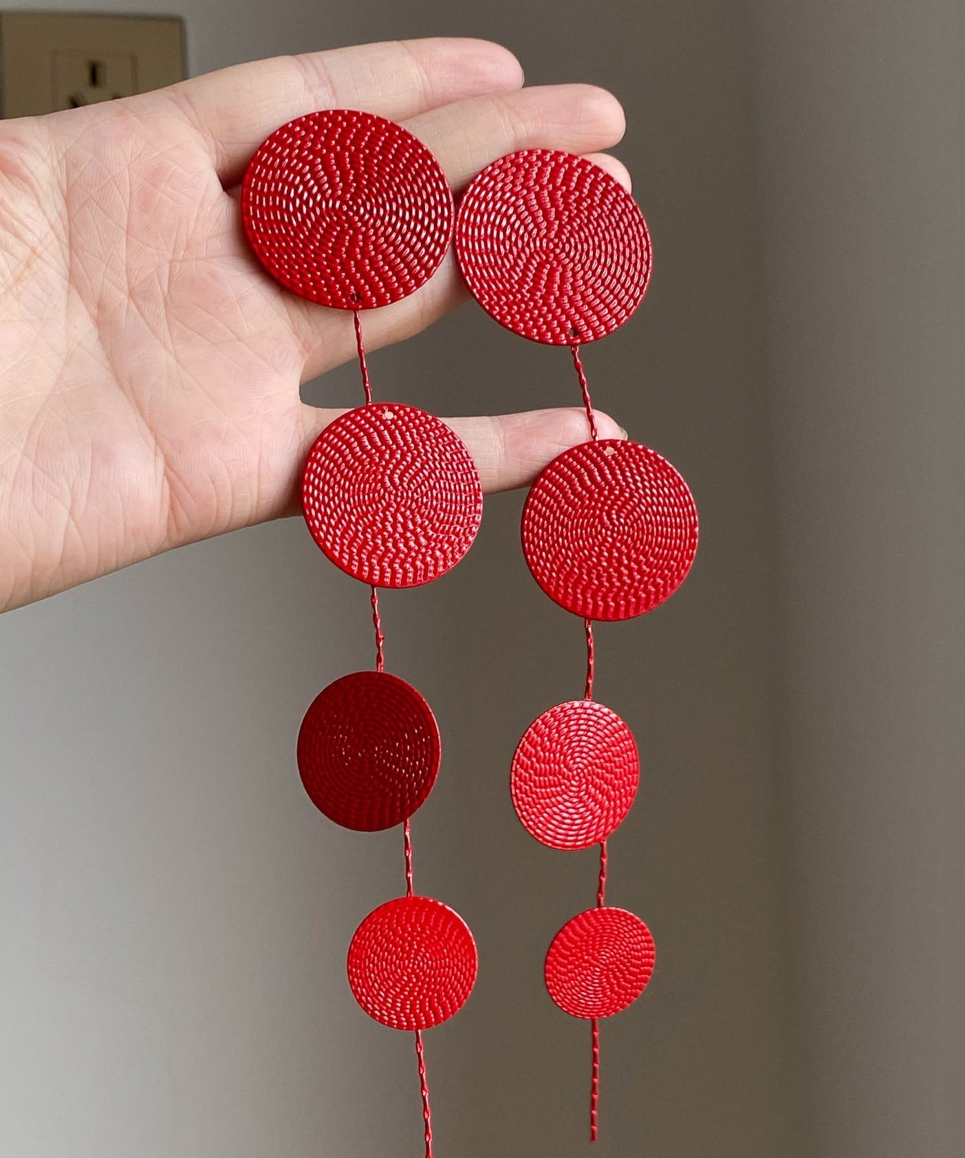Chinese Style Red Metal Sequins Tassel Drop Earrings