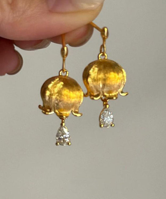 Chinese Style Gold Copper Zircon Lily of the Valley Water Drop Drop Earrings
