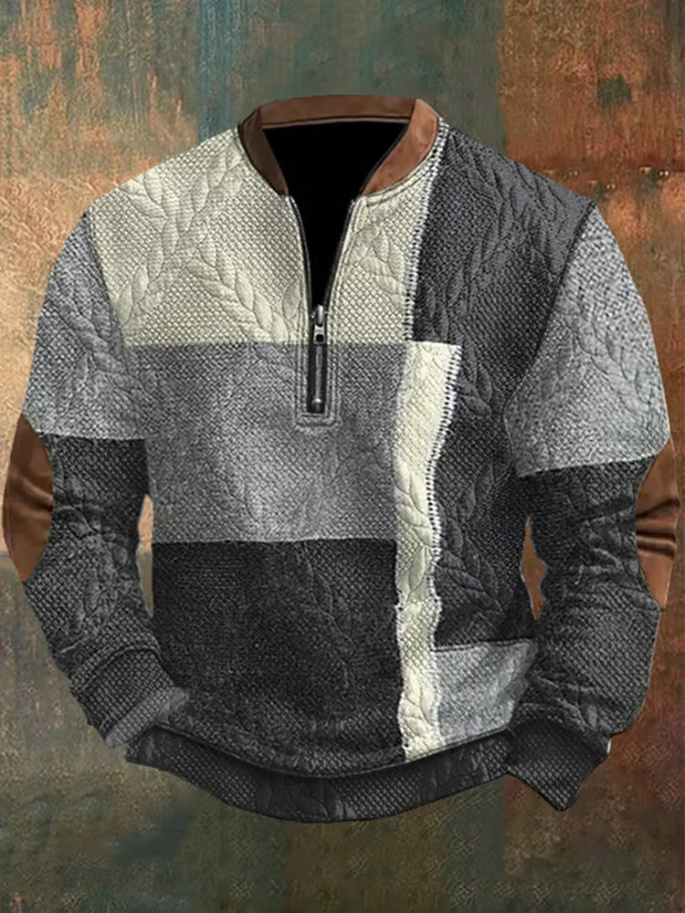 Men's Retro Western Design Jacquard Fabric Zipper Neck Sweatshirt artswardrobe