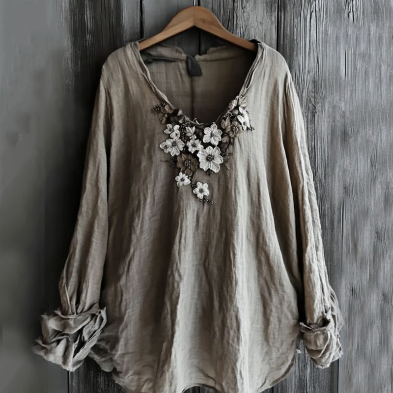 Vintage Floral Embroidered Long Sleeve Comfy Shirt artswardrobe