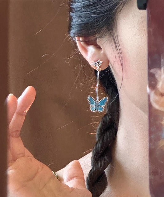 Blue Sterling Silver Overgild Asymmetrical Butterfly Drop Earrings