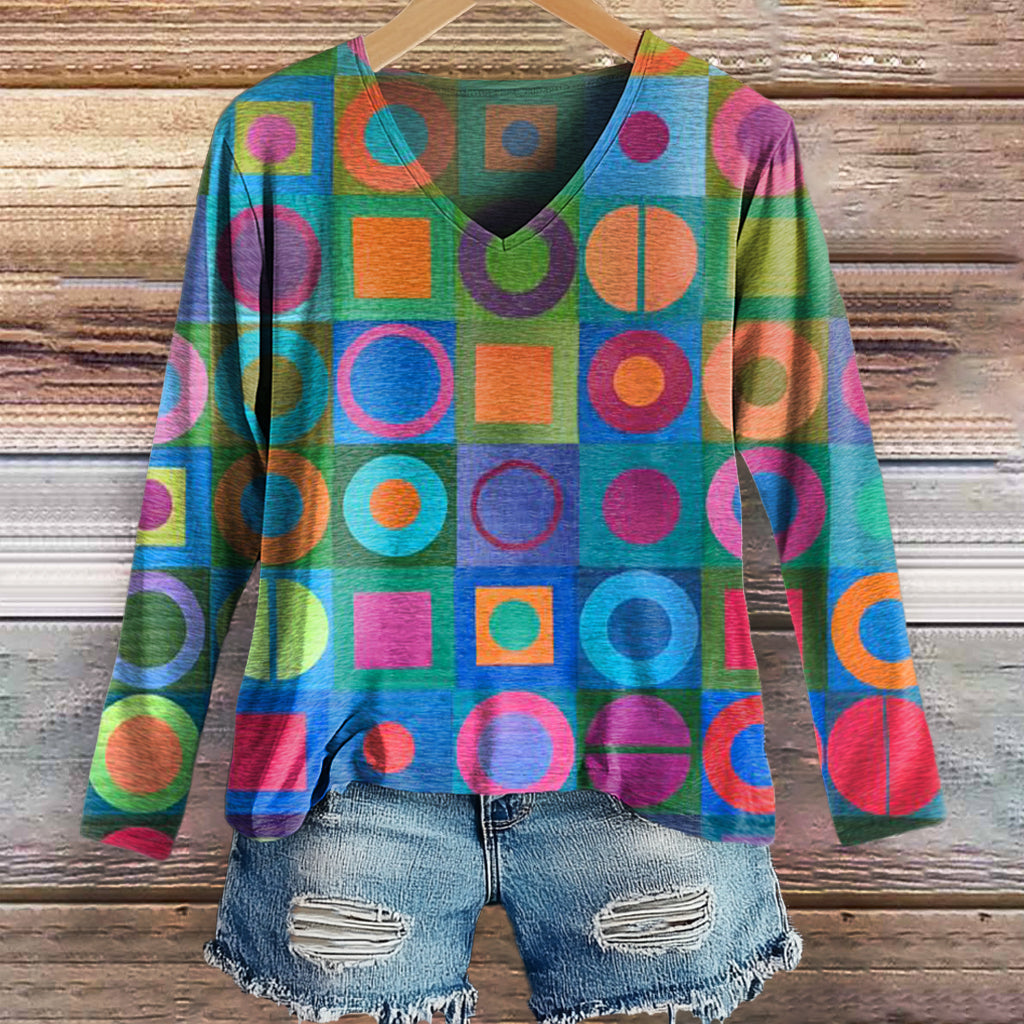 Women's Retro Abstraction Art Print Casual V-neck Long Sleeve T-shirt