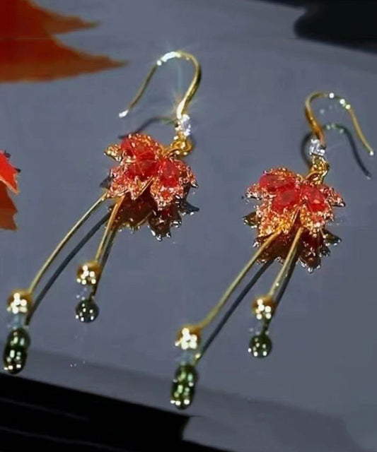 Unique Red Sterling Silver Overgild Zircon Maple Leaves Tassel Drop Earrings