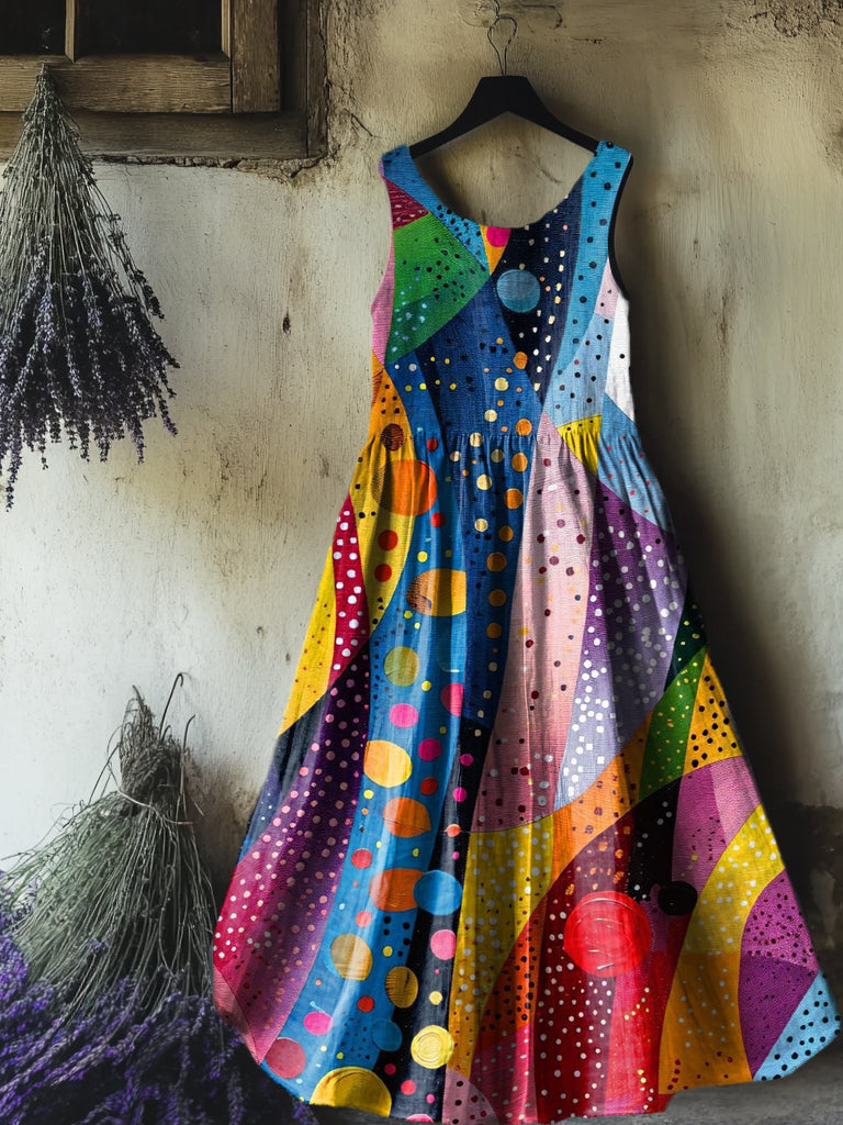 Women's Colorful Patterns Art Print Round Neck Sleeveless Cotton Pocke