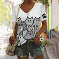 Women's Cute Line Cats Print V Neck T-shirt elevenforest