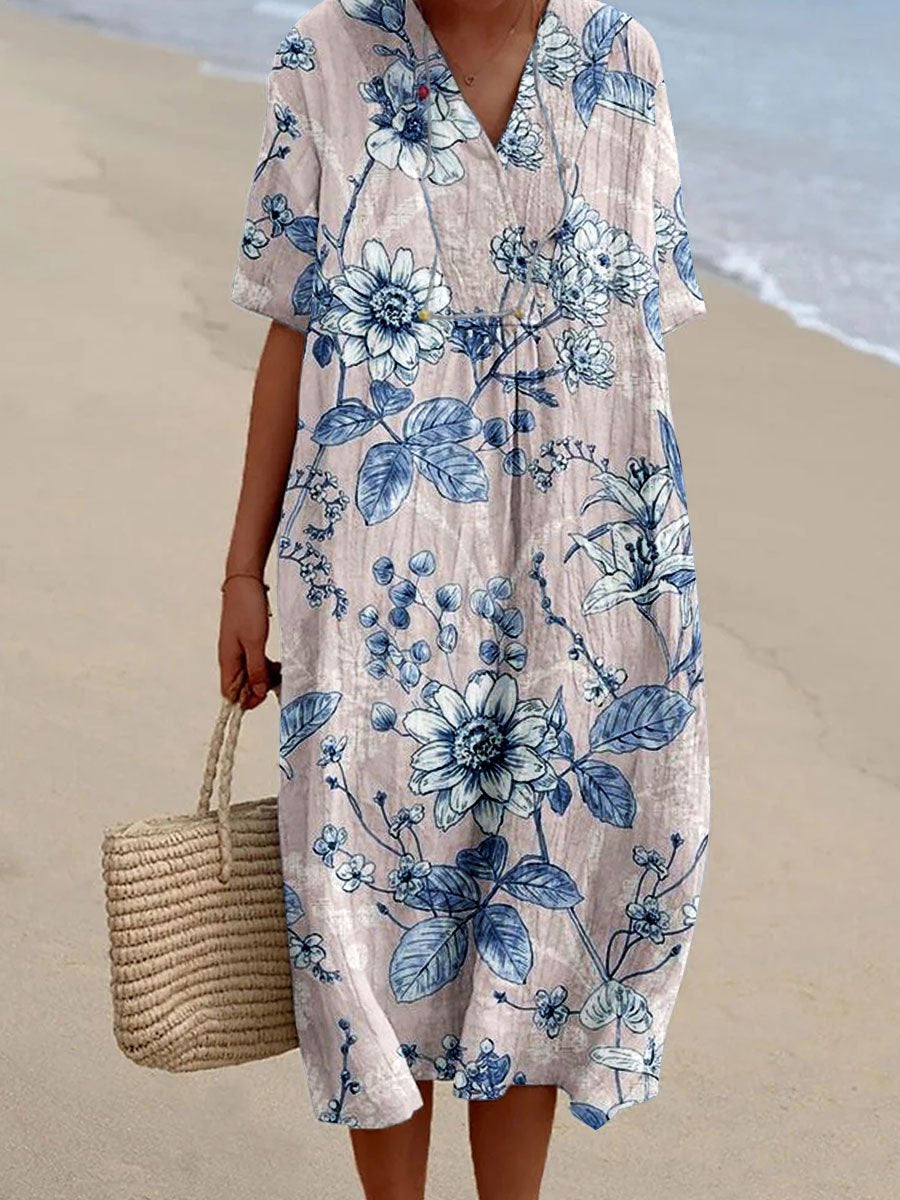 Women's Resort Style Rose Pattern Cotton And Linen V-Neck Dress