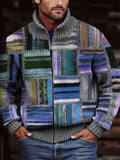 Men's Retro Colorblock Patchwork Cozy Full Zip Cardigan artswardrobe