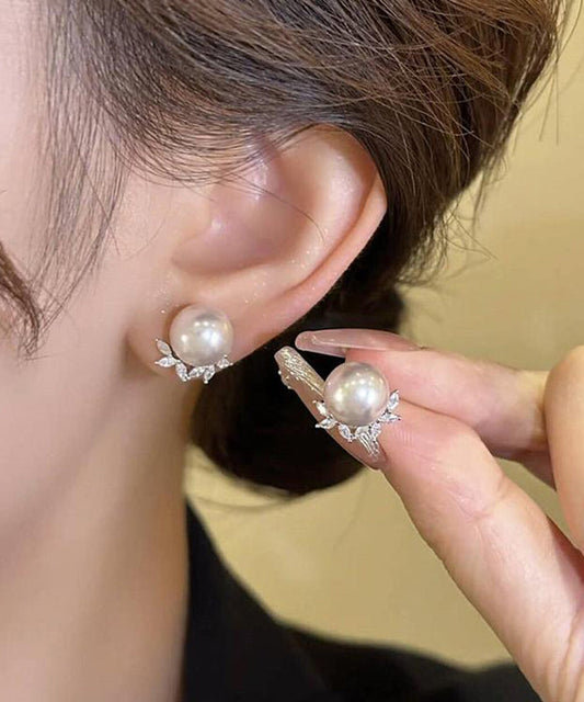 Copper Zircon Pearl Leaf Stud Earrings