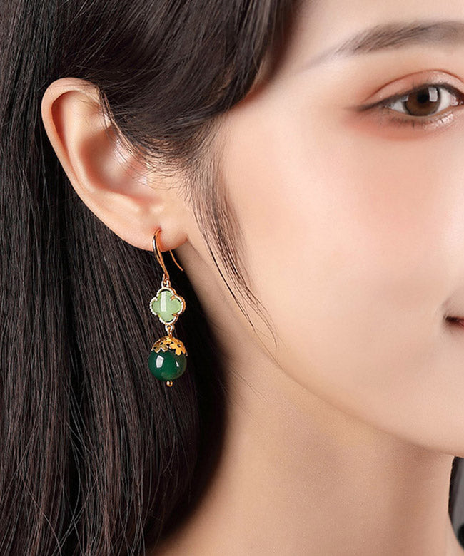 Green Sterling Silver Agate Coloured Glaze Clover Drop Earrings
