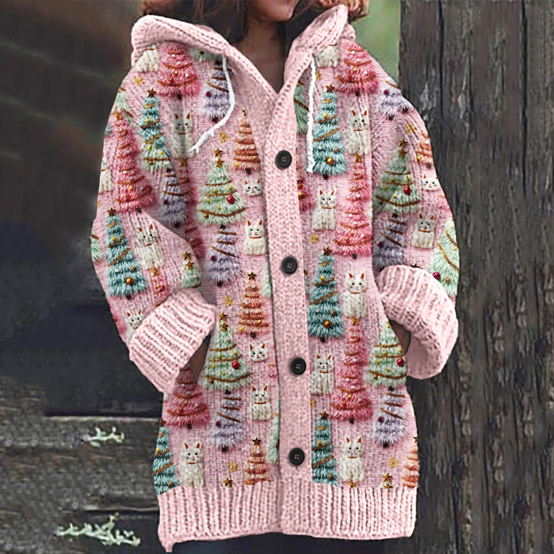 Comstylish Christmas Tree Cat Print Knitted Hooded Cardigan