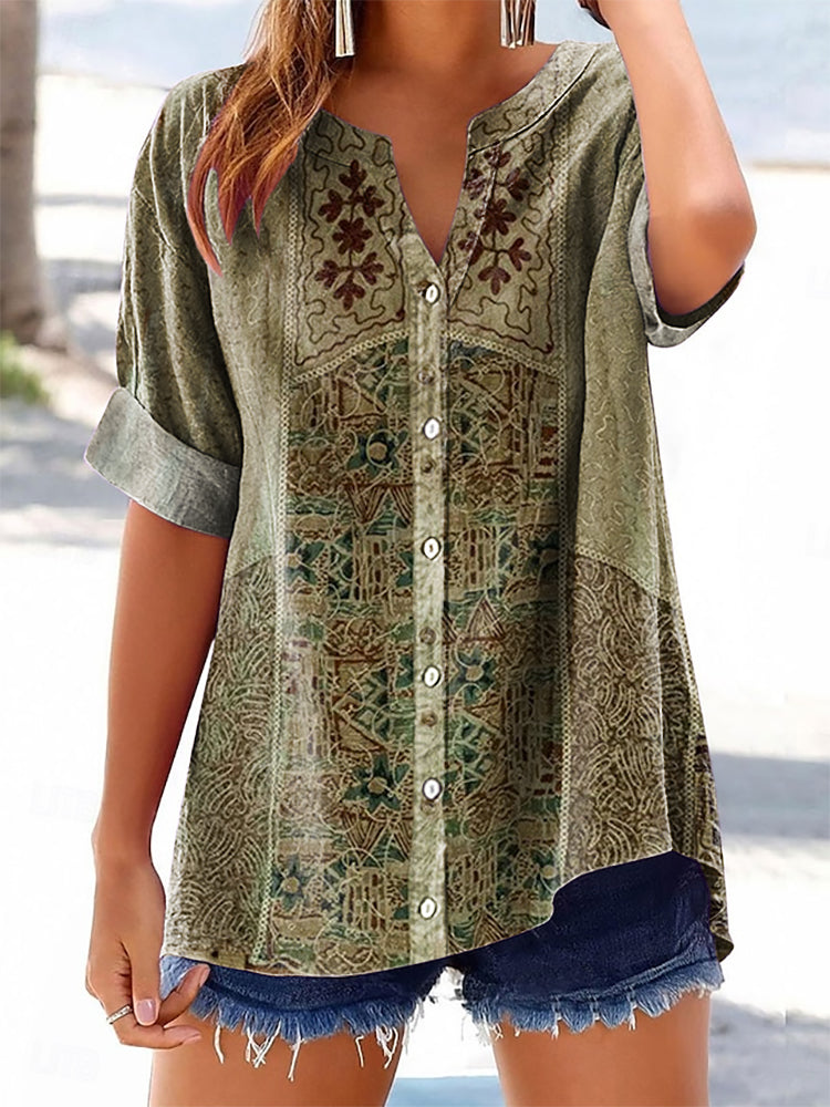 Women's Vintage Tattoo Pattern Art Print Cotton Linen Casual Shirt