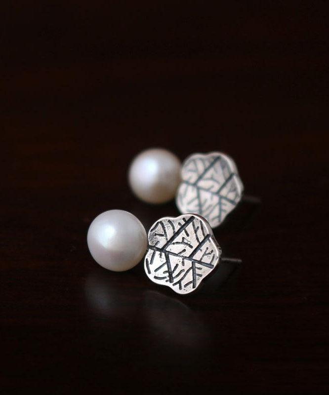 Silk Sterling Silver Pearl Lotus Leaf Stud Earrings