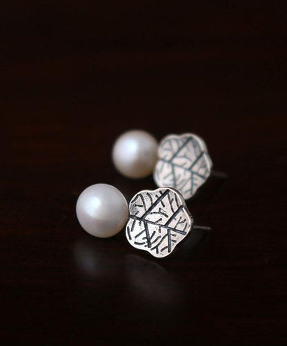 Silk Sterling Silver Pearl Lotus Leaf Stud Earrings