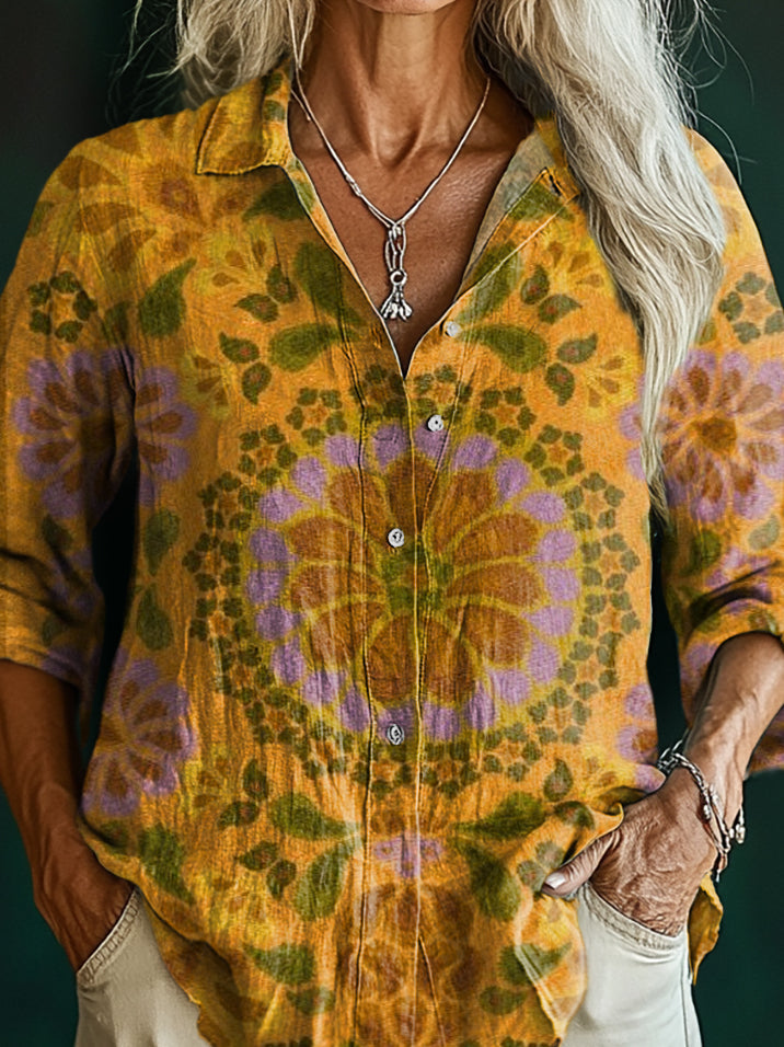 Women's Vintage Ethnic Floral Art Pattern Print Casual Cotton Shirt