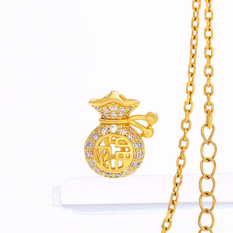 24k Gold Plated Fu Character Fortune Money Bag Necklace