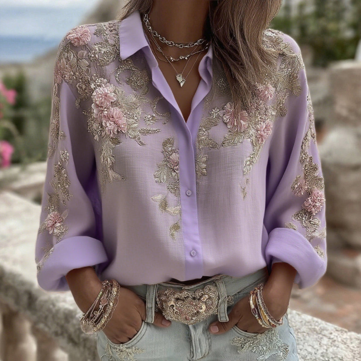Comstylish Women's Pink Flower Embroidery Art Long Sleeve Linen Blend Shirt