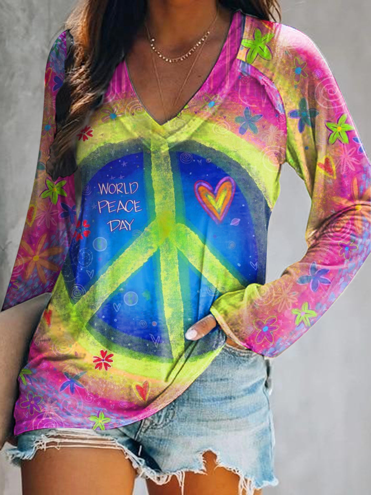 Women's Hippie Art Painting Vintage Print V-Neck Long Sleeve