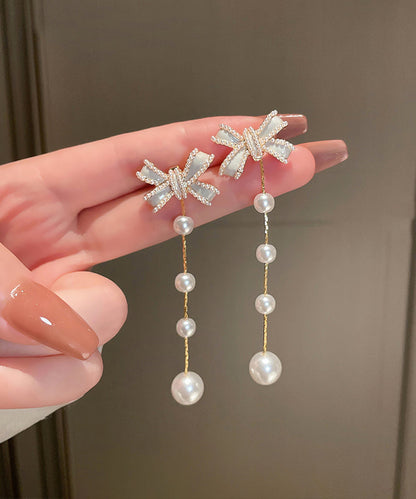 White Sterling Silver Alloy Bow Pearl Tassel Drop Earrings