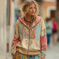 Comstylish Women's Vintage Bohemian Floral Panel Comfort Warm Zip Hoodie